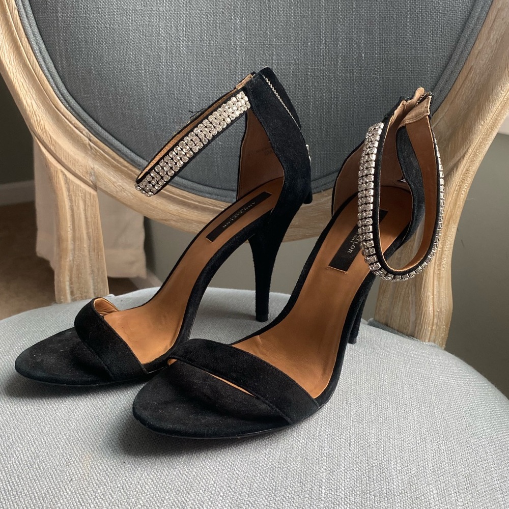 Suede jeweled ankle strap black heels